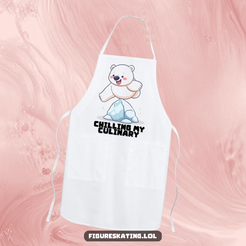 Funny polar bear apron showing a determined bear mid-leap over a small ice sculpture, ideal for a humorous cooking experience.