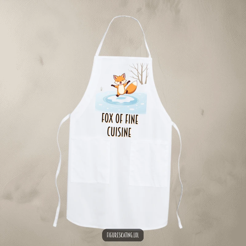 Funny apron, grinning fox performing a graceful spin on a frozen pond, a humorous and practical kitchen accessory.