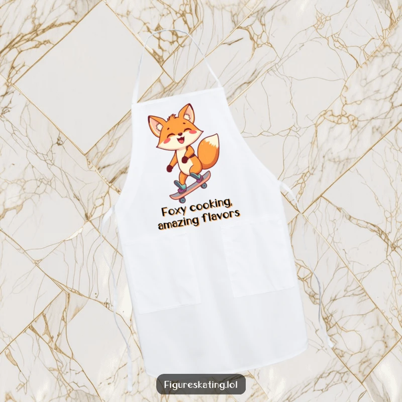Funny Fox Apron showing a delighted cartoon fox skating backward with a big smile, perfect for kitchen use.