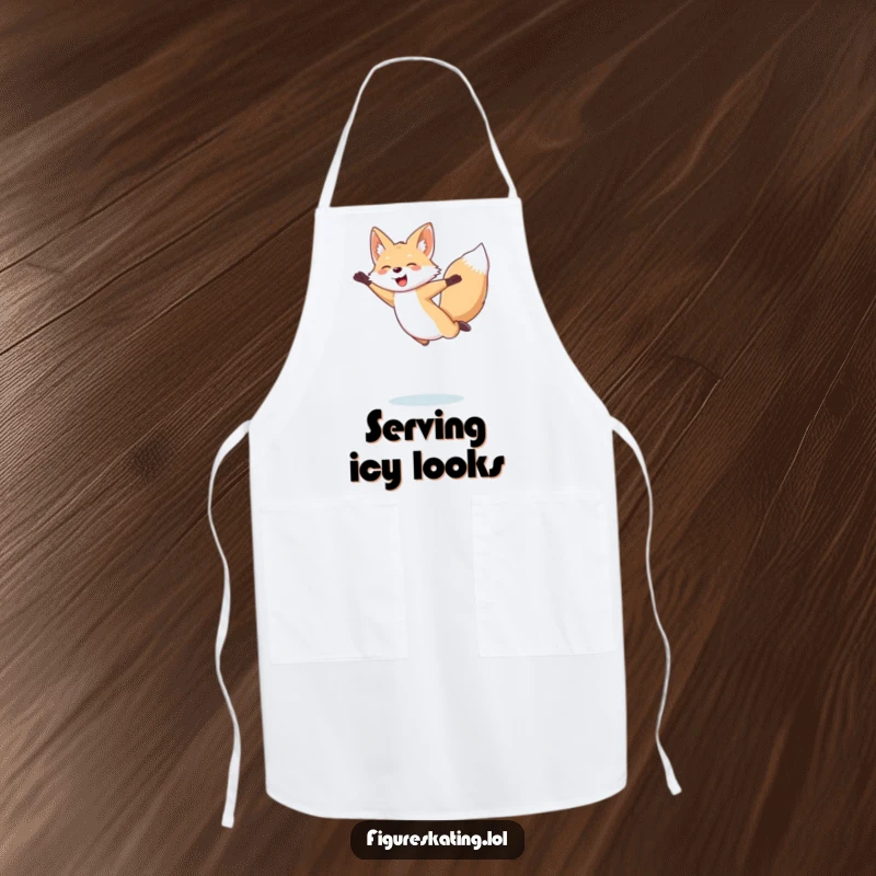 Funny Arctic Fox Apron: Giggling arctic fox showing off a figure skating jump, ready to assist in the kitchen with a smile.