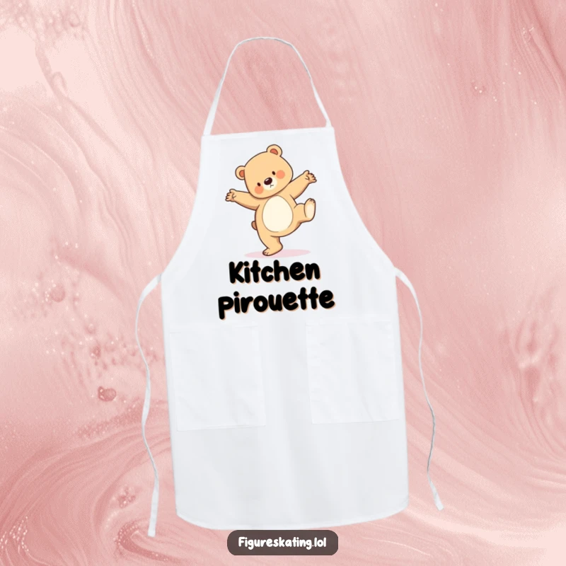 Funny apron featuring a bear cub doing an elegant pirouette, ideal for kitchen protection with balletic humor.