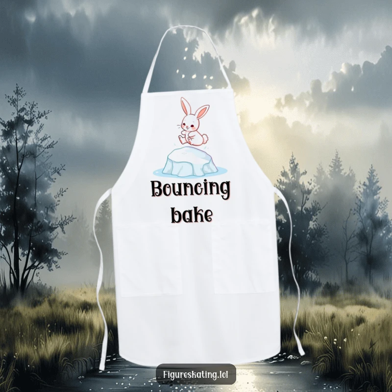 Funny bunny gracefully leaping from an ice patch on a kitchen apron, perfect for cooks who love fun.