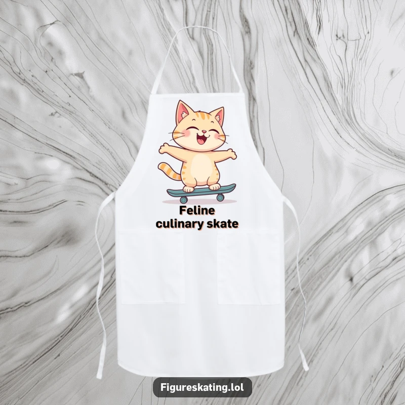 Funny apron with a joyful cat skating backwards with a proud smile, adding a touch of feline coolness to kitchen duties.