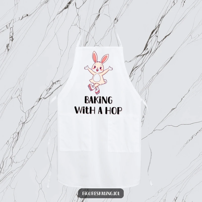 Funny apron showing a cheerful bunny gracefully twirling on ice skates, ready for kitchen fun with elegance.