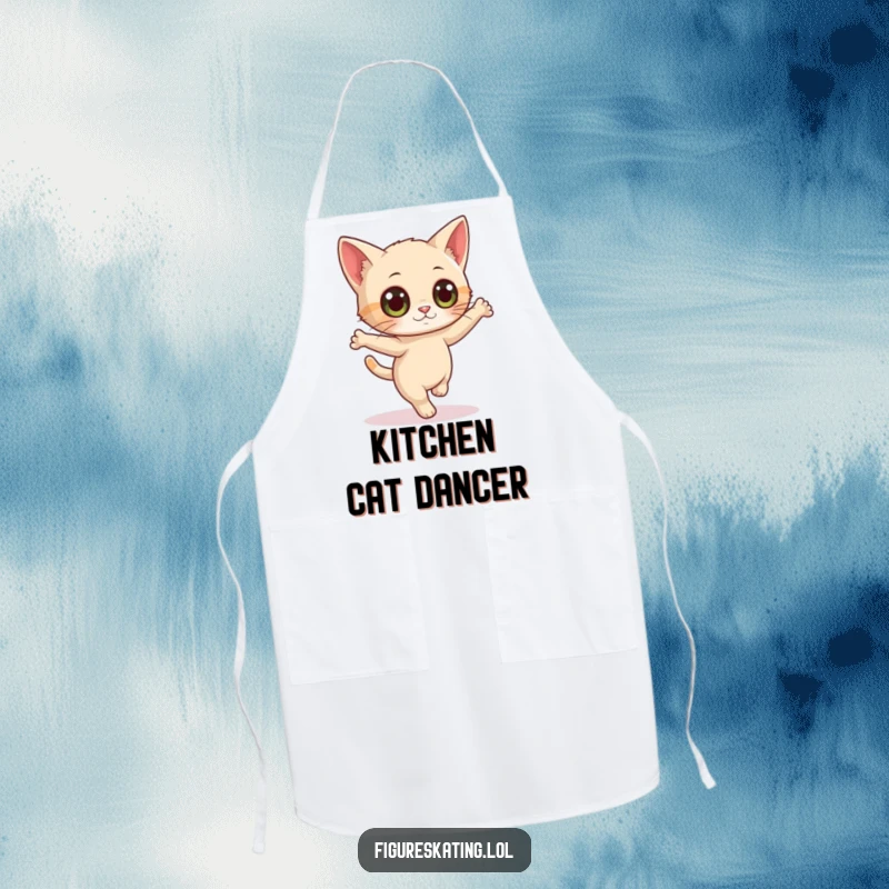 Funny apron with a curious cat with wide eyes attempting a delicate pirouette, designed for playful kitchen antics.