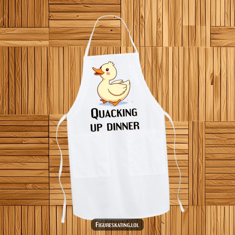 Funny apron with a delighted duck gliding forward with a happy quack, ready to add cheer to any kitchen task.