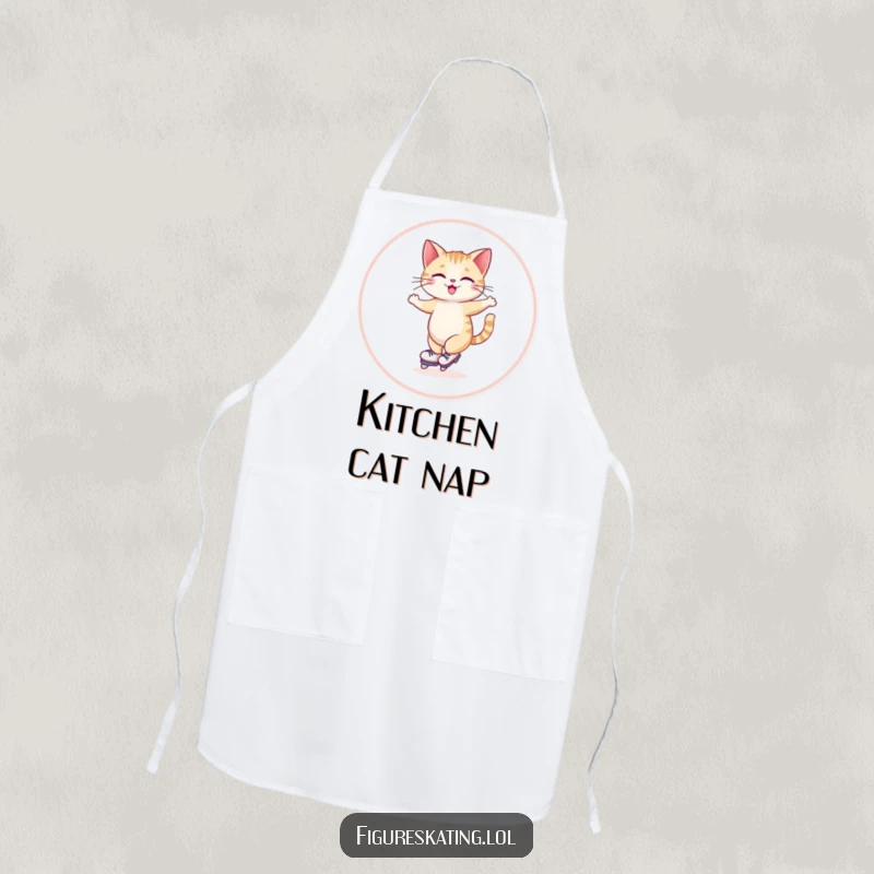Funny apron illustration of a giggling cat skating gracefully in a wide circle, a charming kitchen companion.