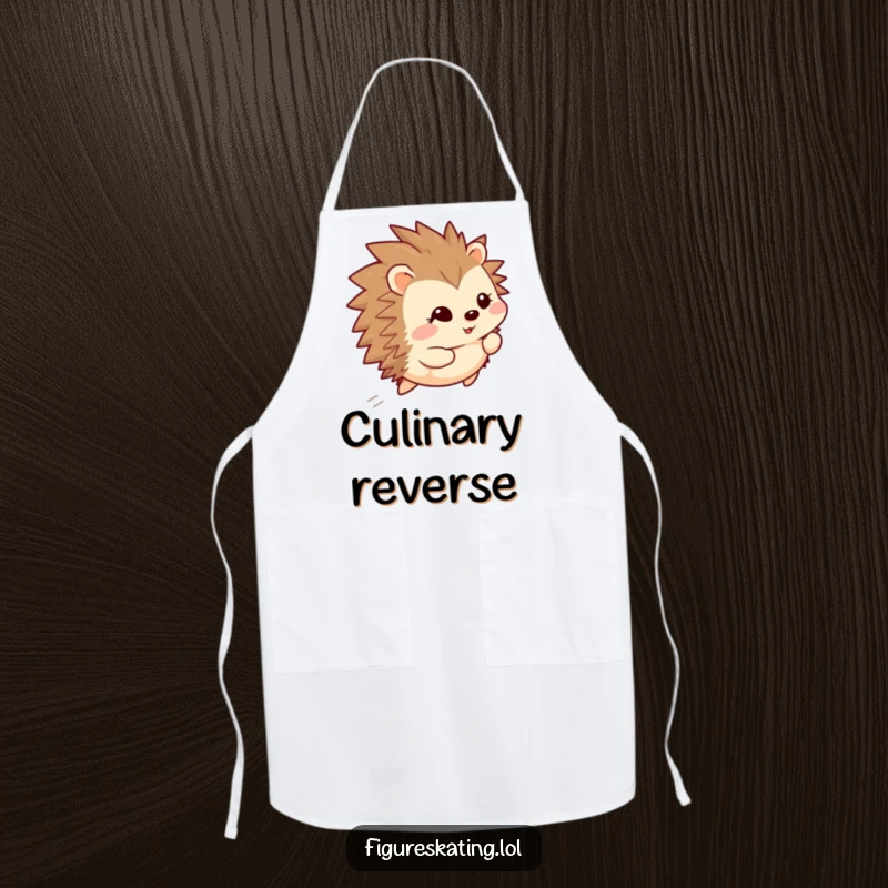 Funny happy hedgehog gliding backward with a shy smile on a durable apron, adding humor to cooking.