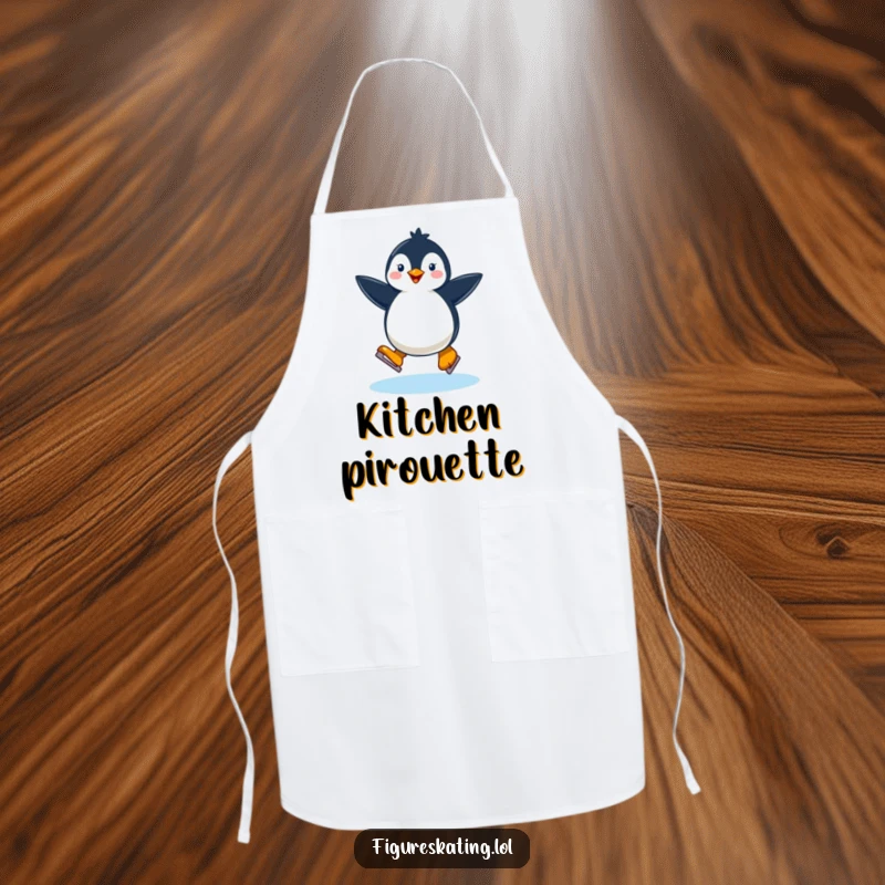 Funny happy penguin ice skating on a kitchen apron, perfect for cooks who love winter and humor.