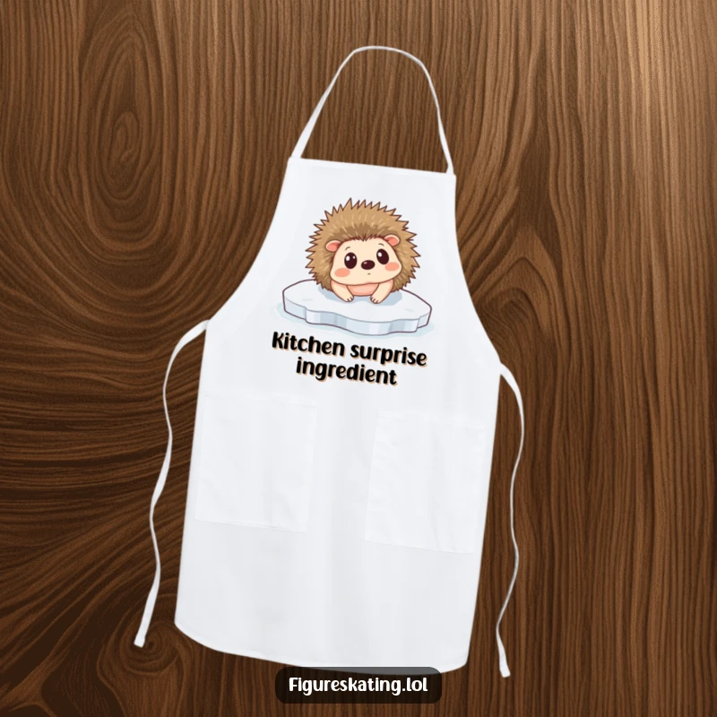Funny Hedgehog Ice Slip Apron: A tiny hedgehog comically slipping on ice, looking surprised, ready for kitchen tasks.