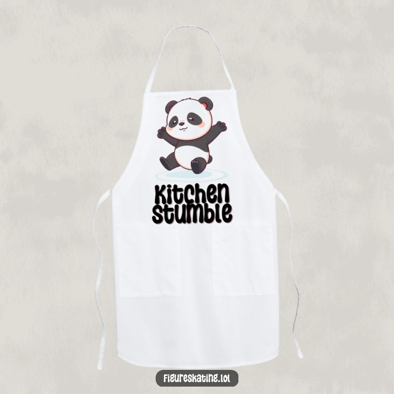 Funny Panda Pirouette Apron: A contented panda cub stumbling slightly during an ice pirouette, ready for kitchen tasks.
