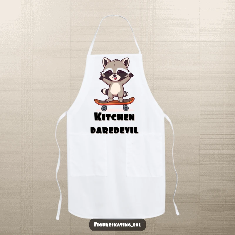 Funny Raccoon One Skate Apron: A mischievous raccoon balancing on one skate, arms akimbo, ready for kitchen adventures.