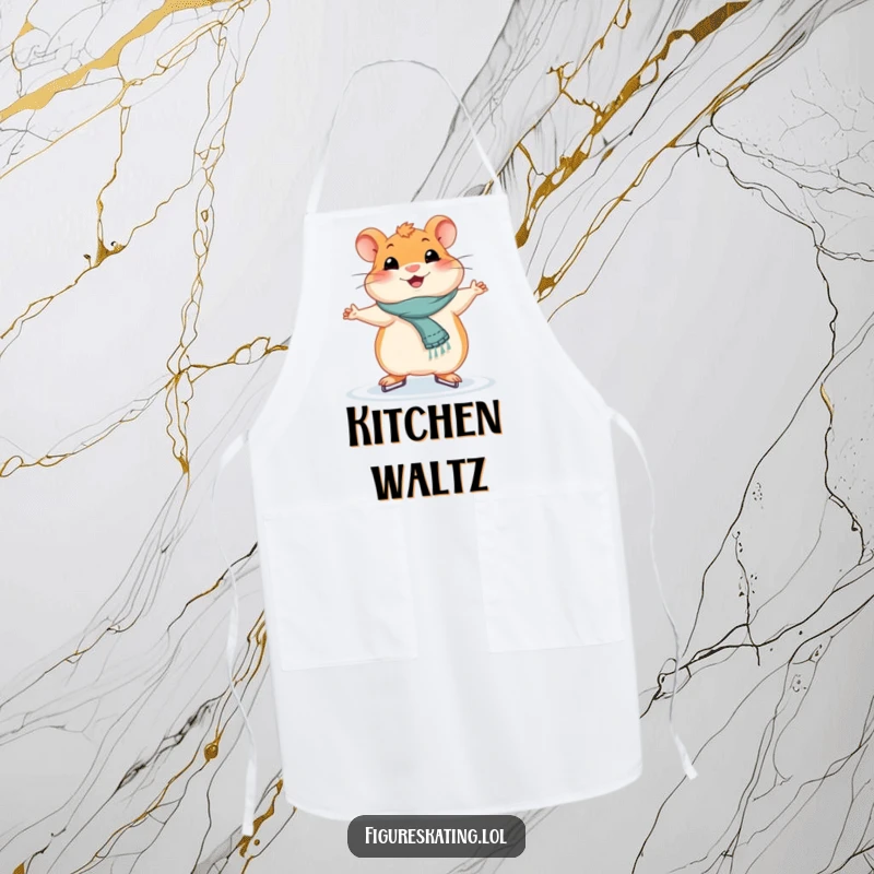 Funny smiling hamster in a graceful ice skating pose on a durable apron, adding humor to cooking.