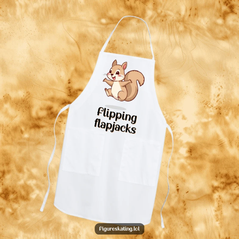 Funny apron with a cheerful squirrel landing a perfect spin on one foot, adding humor to cooking.