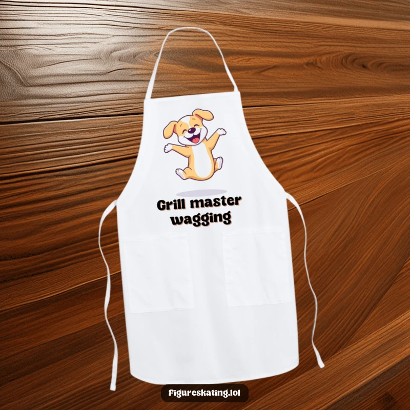 Funny dog ice skating apron depicting a happy dog performing a triple axel, adding a joyful and athletic touch to kitchen tasks.