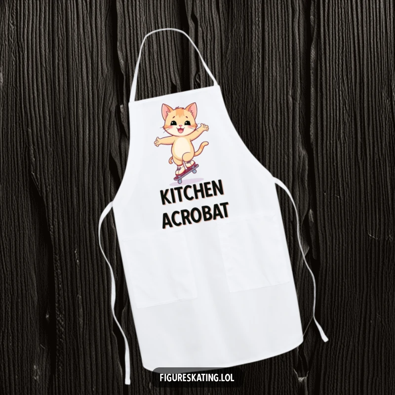 Funny kitten ice skating apron showing a happy kitten attempting a wobbly arabesque on one skate, designed for humorous kitchen use.