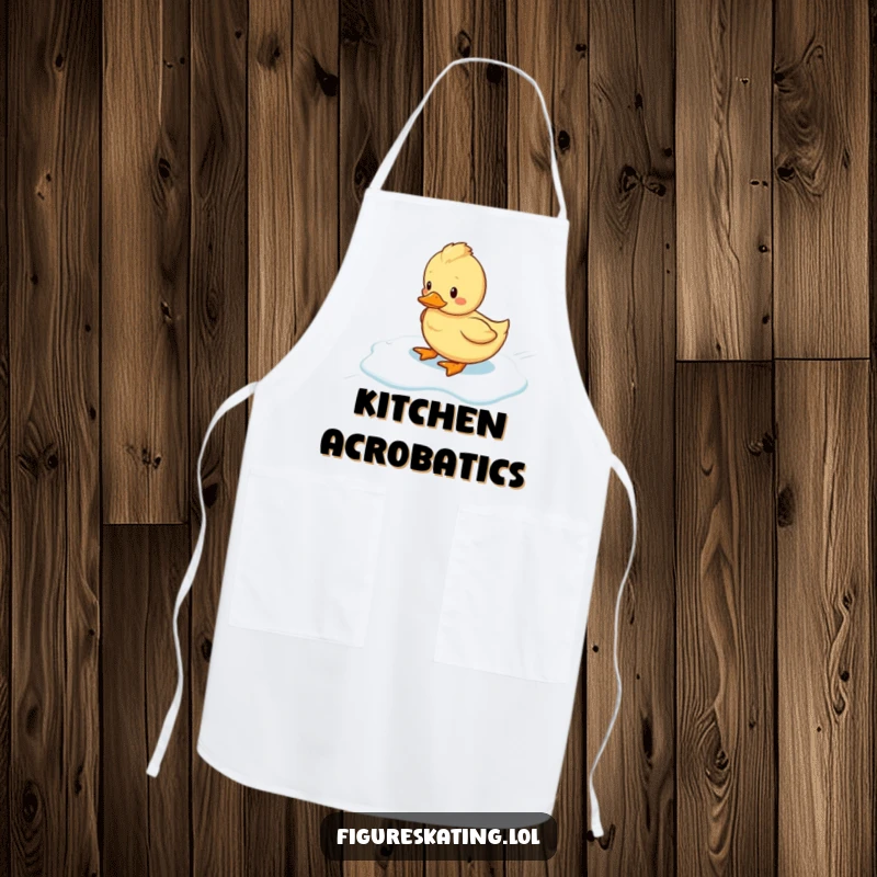 Funny wobbly duckling slipping on ice, printed on a durable apron, adding humor to cooking.