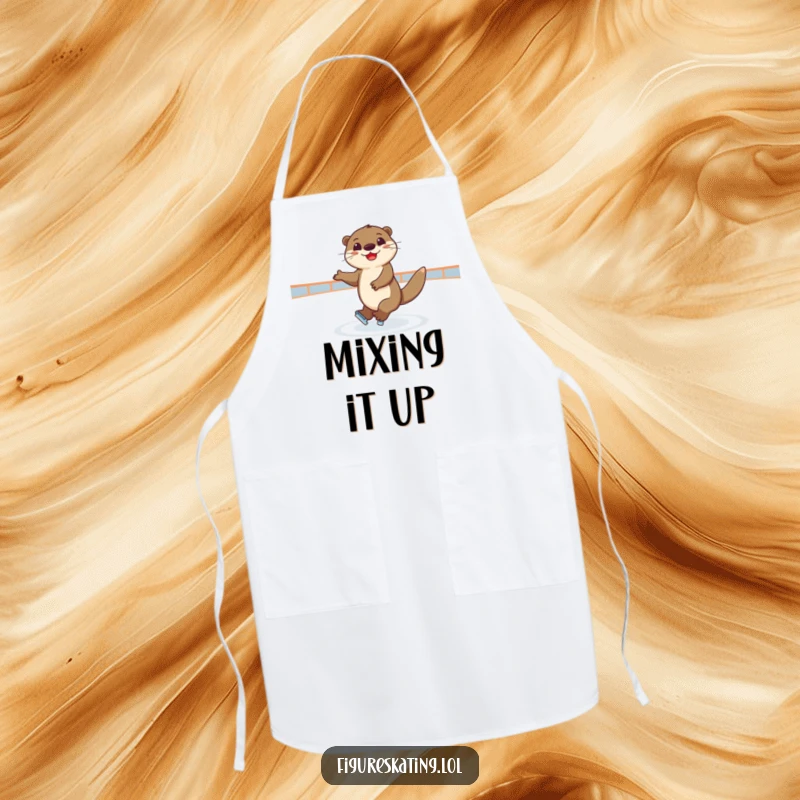Funny apron with a joyful otter spinning elegantly on ice, ideal for kitchen fun and stylish cooking.