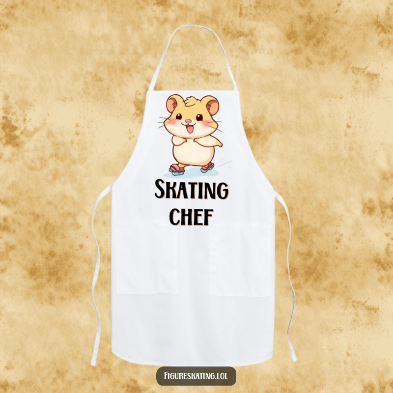 Funny hamster apron showing a happy hamster skating with icy sparkles, perfect for adding a touch of humor and fun to kitchen activities.