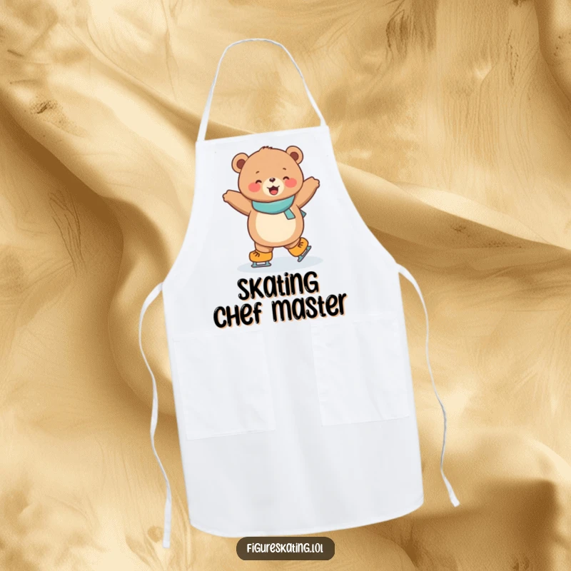 Funny apron showcasing a joyful, round bear cub performing a dazzling spin on ice skates, ready for kitchen fun.