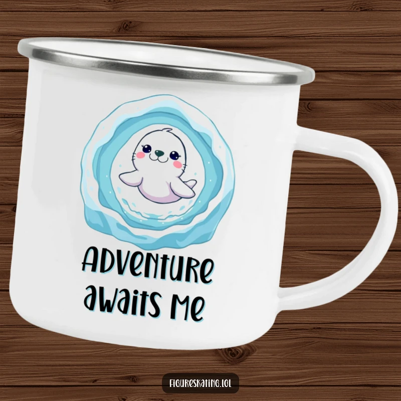 Funny seal ice ring camping mug showing a happy seal leaping through ice, perfect for hot drinks during outdoor escapades.