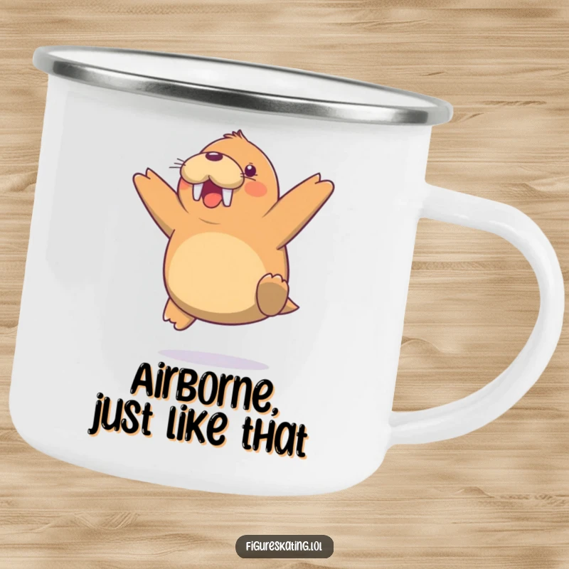 Funny Walrus Jump Camping Mug, depicting a cheerful walrus mid-air jump, perfect for enjoying drinks outdoors with arctic humor.