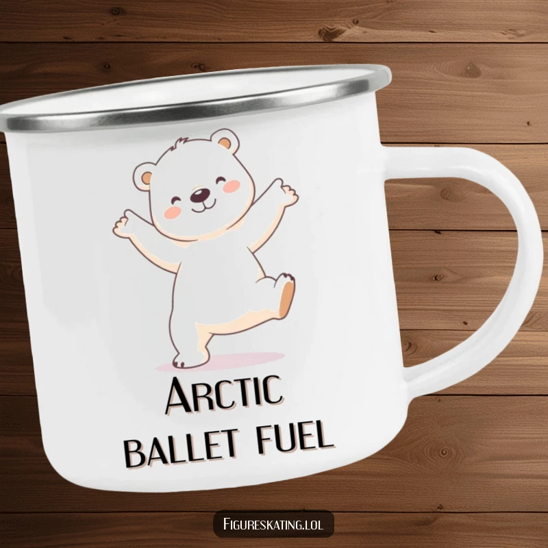 Funny Polar Bear Camping Mug: Sturdy mug featuring a smiling polar bear performing a delicate arabesque pose, for elegant outdoor enjoyment.