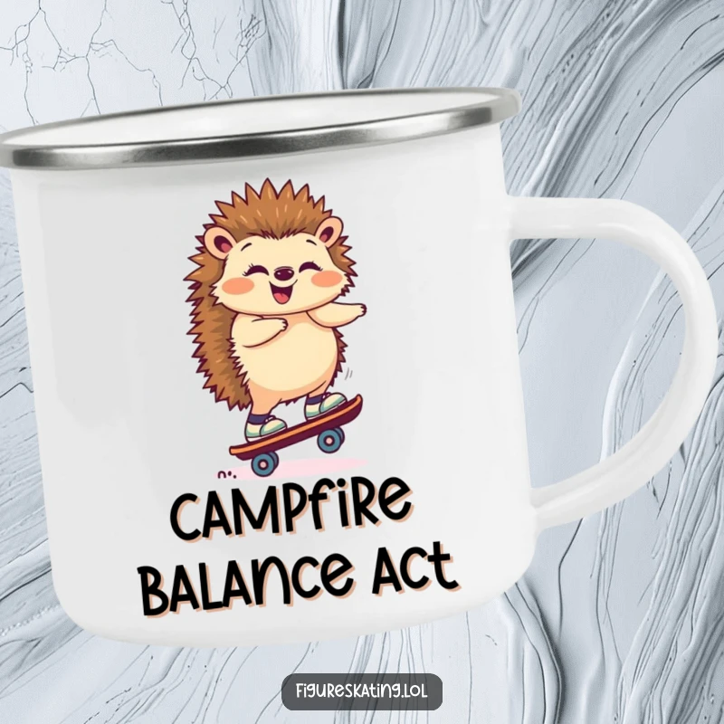 Funny camping mug with a giggling hedgehog balancing on a skate, ready for outdoor escapades and warm beverages.