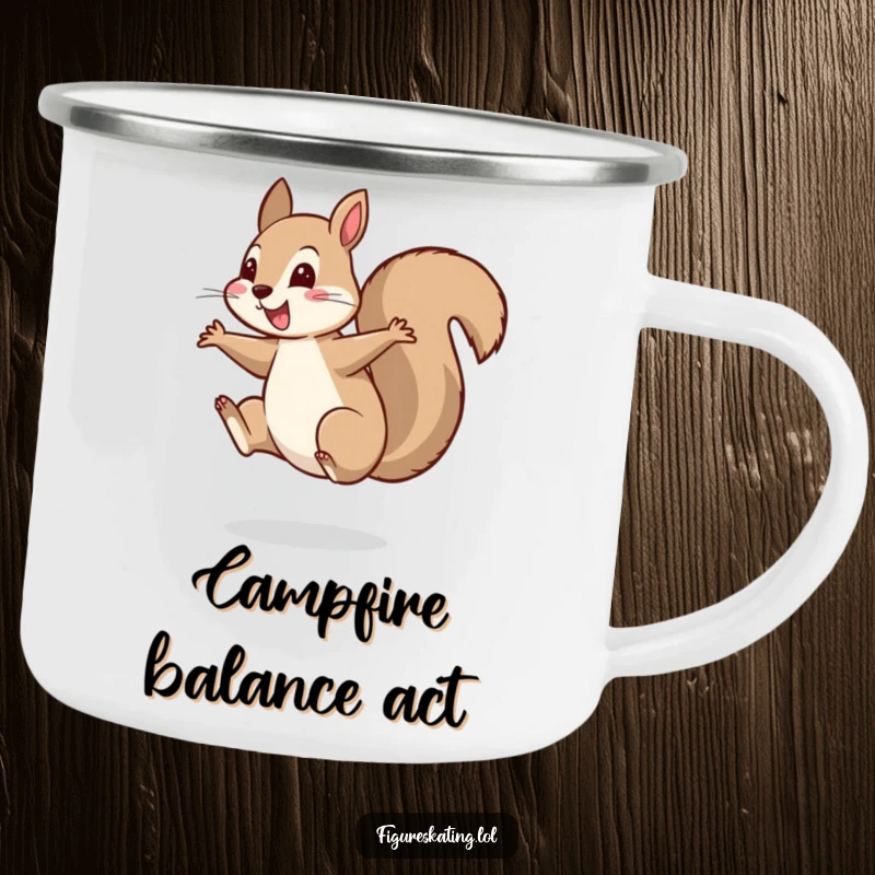 Funny camping mug featuring a cheerful squirrel landing a perfect spin on one foot, perfect for outdoor enthusiasts.
