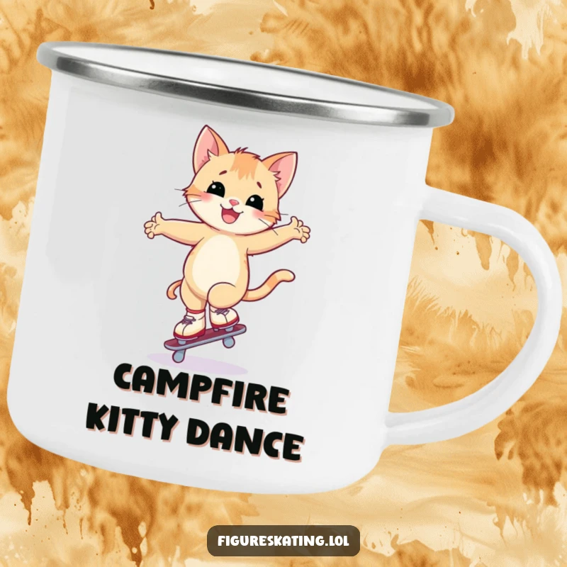Funny kitten ice skating camping mug with a happy kitten attempting a wobbly arabesque on one skate, ideal for humorous outdoor drinks.