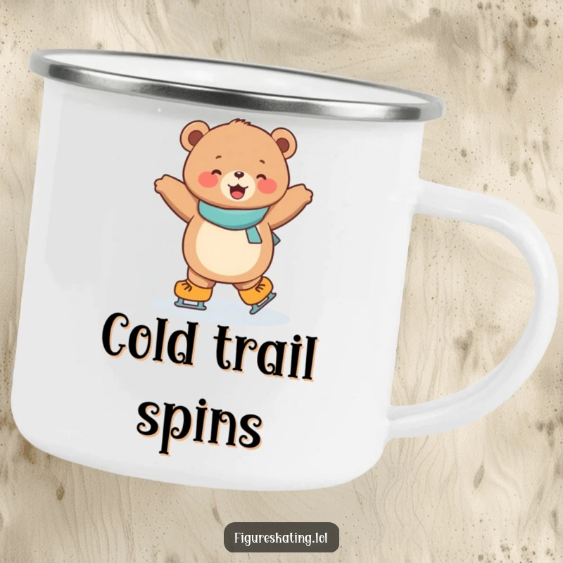 Funny camping mug with a joyful, round bear cub spinning on ice skates, for outdoor enjoyment.