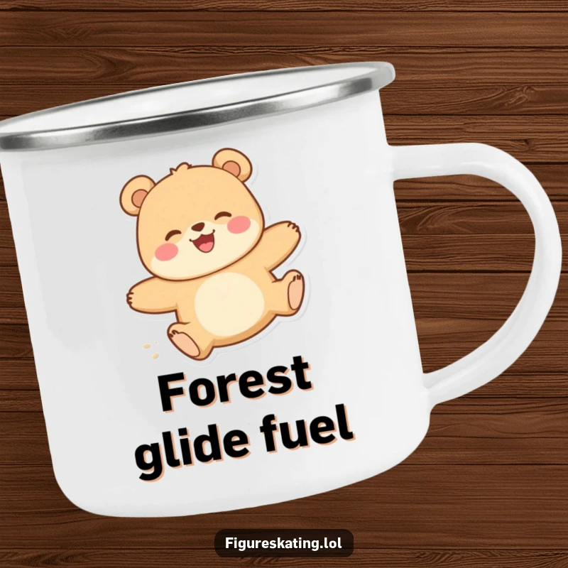 Funny camping mug featuring a happy bear with a delighted expression gliding smoothly, ideal for drinks during outdoor fun.