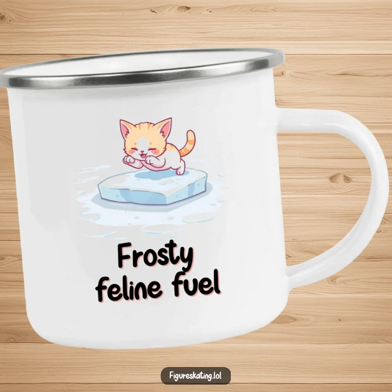 Funny kitten ice skating camping mug, depicting a playful cat on ice skates, bringing a touch of humorous charm to your outdoor escapades.