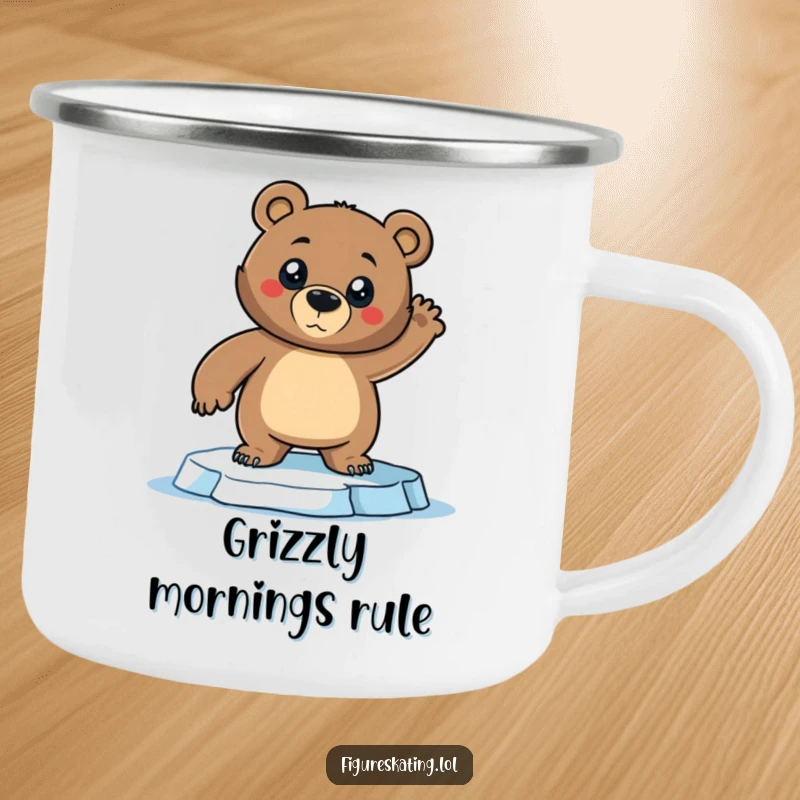 Funny Bear Camping Mug: A confident bear strikes a dramatic pose on ice skates, perfect for outdoor humor and making memorable funny gifts.