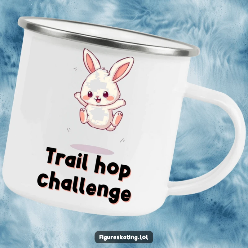 Funny camping mug with a fluffy bunny attempting a wobbly triple jump, ready for outdoor escapades and warm beverages.