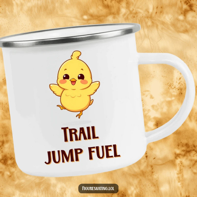 Funny camping mug with a happy chick performing a small jump, bringing cheer to outdoor drinks and adventures.
