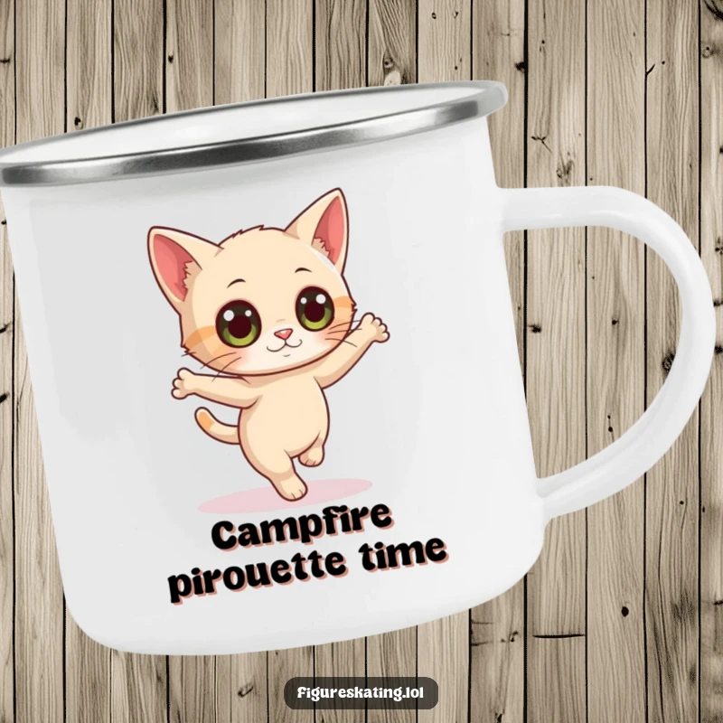 Funny camping mug featuring a curious cat with wide eyes doing a delicate pirouette, ideal for drinks during outdoor fun.
