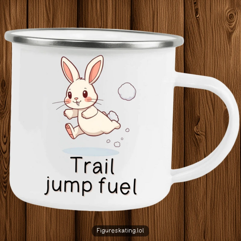 Funny camping mug featuring a determined rabbit leaping with a puff of snow, ideal for winter outdoor enjoyment.