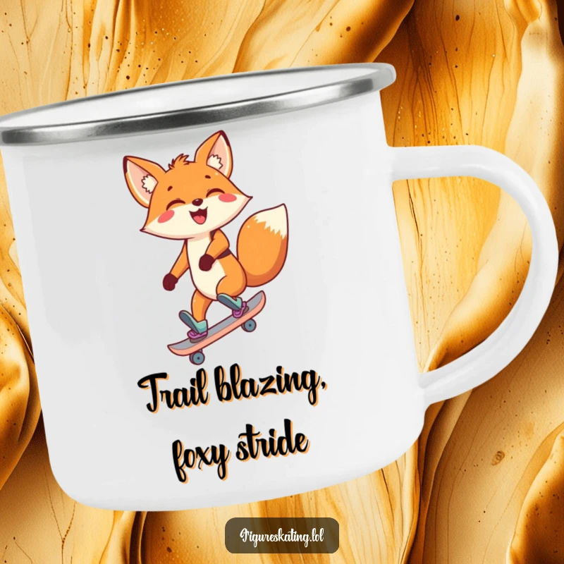Funny Fox Camping Mug with a delighted cartoon fox skating backward with a big smile, ideal for outdoor enthusiasts.