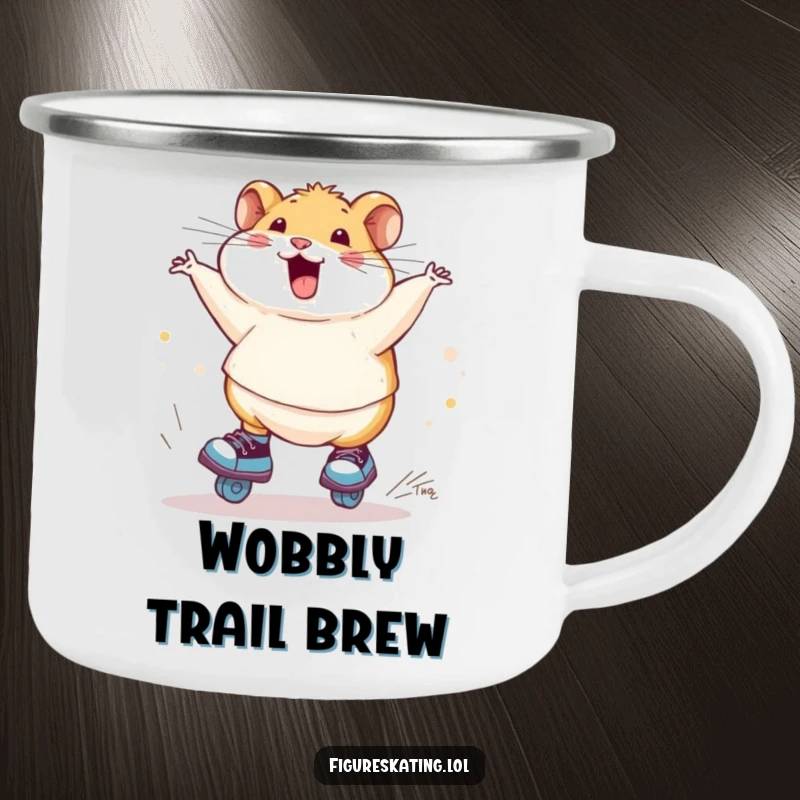 Funny chubby hamster ice skating camping mug, depicted spinning on skates, bringing a humorous and heartwarming vibe to any campsite.
