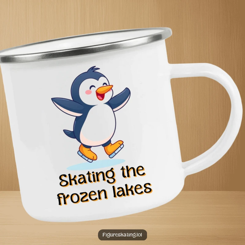 Funny camping mug, joyful penguin twirling with arms outstretched on ice skates, for humorous outdoor enjoyment.