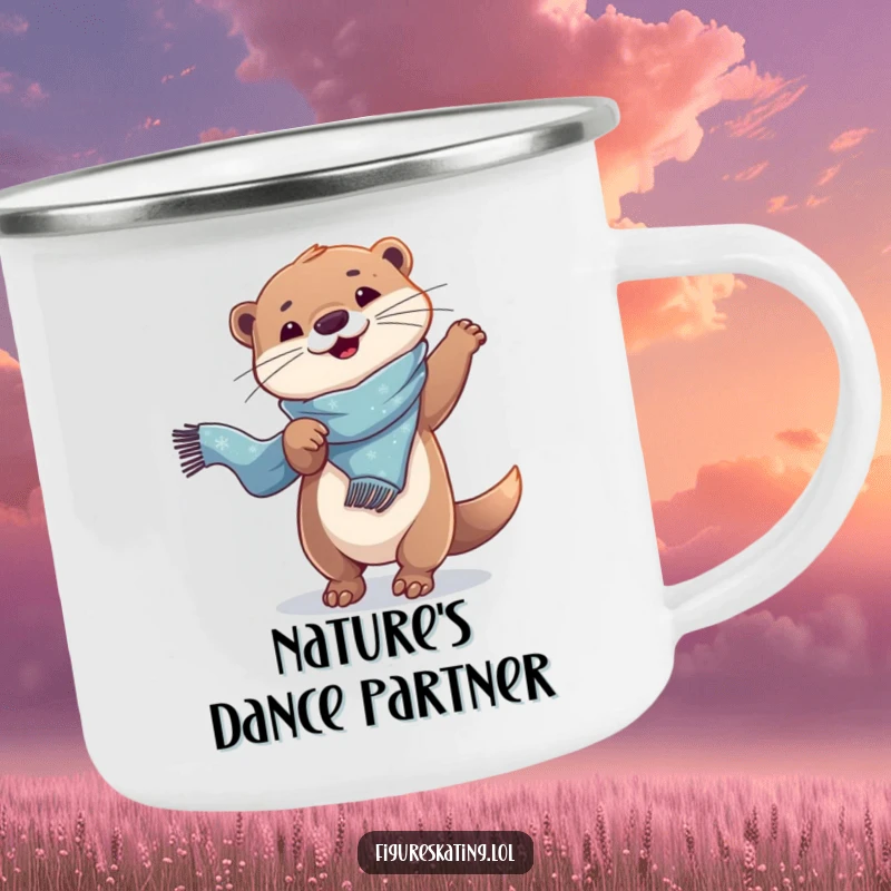 Funny Camping Mug: A playful otter twirling with a scarf, perfect for enjoying drinks outdoors with a humorous and energetic touch.