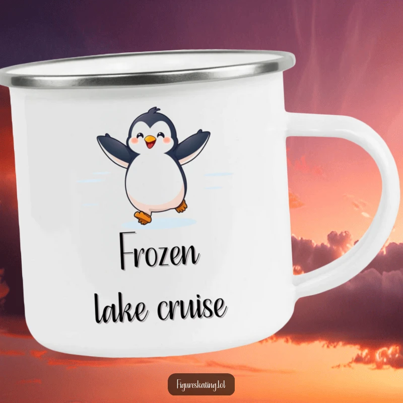 Funny camping mug featuring a delighted penguin gliding across ice with arms outstretched, perfect for enjoying drinks outdoors.