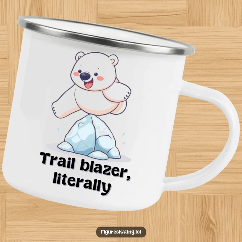 Funny polar bear camping mug showing a determined bear hilariously leaping over a small ice sculpture in a rugged, outdoor setting.