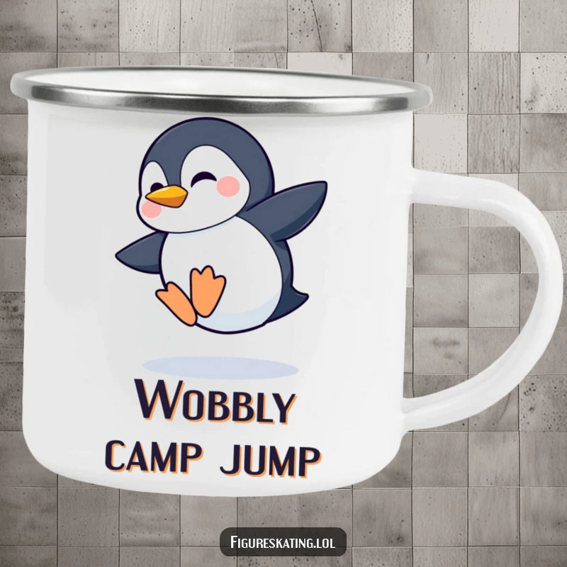 Funny camping mug illustration of a shy penguin attempting a wobbly jump with a grin, perfect for outdoor inspiration.