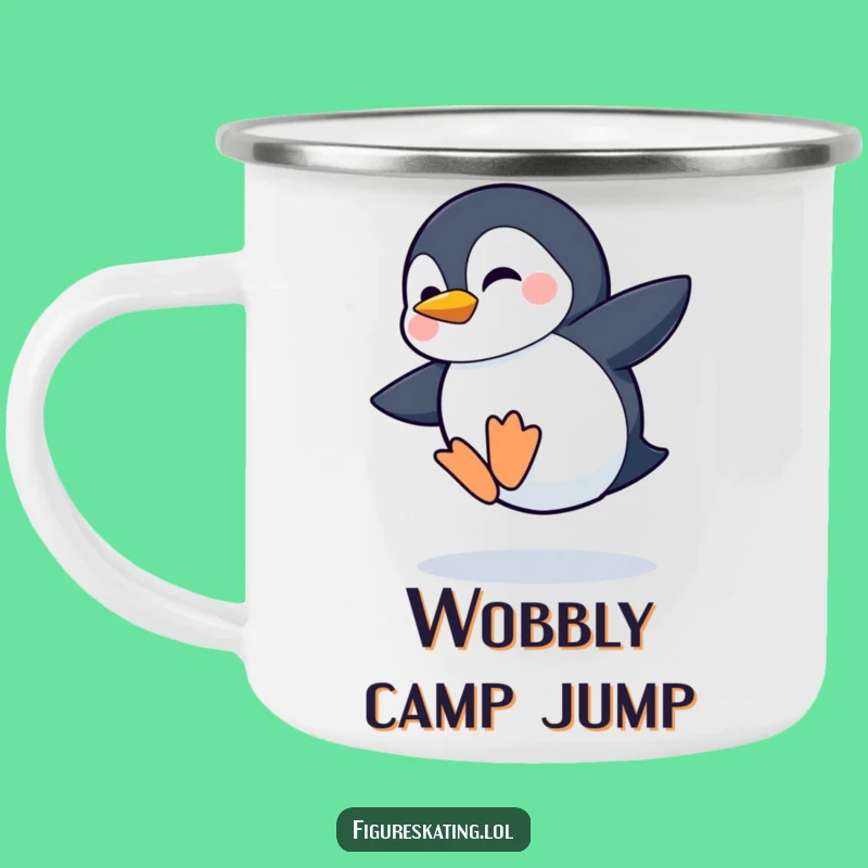 Funny Shy Penguin Jumping Camping Mug: Outdoor Adventures with Cute Effort!