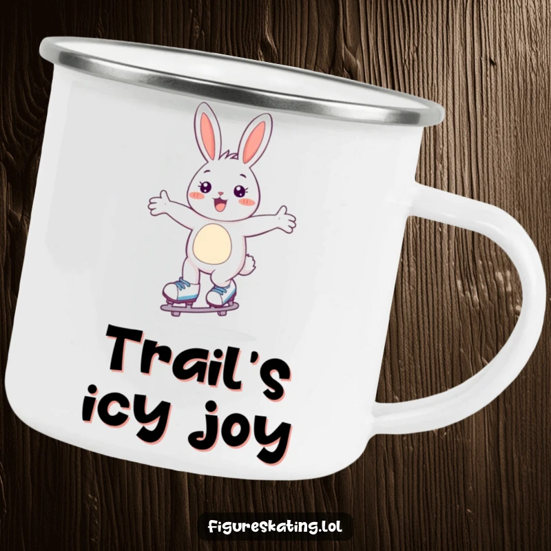 Funny camping mug with a happy bunny gliding on skates, arms wide open, great for outdoor fun.