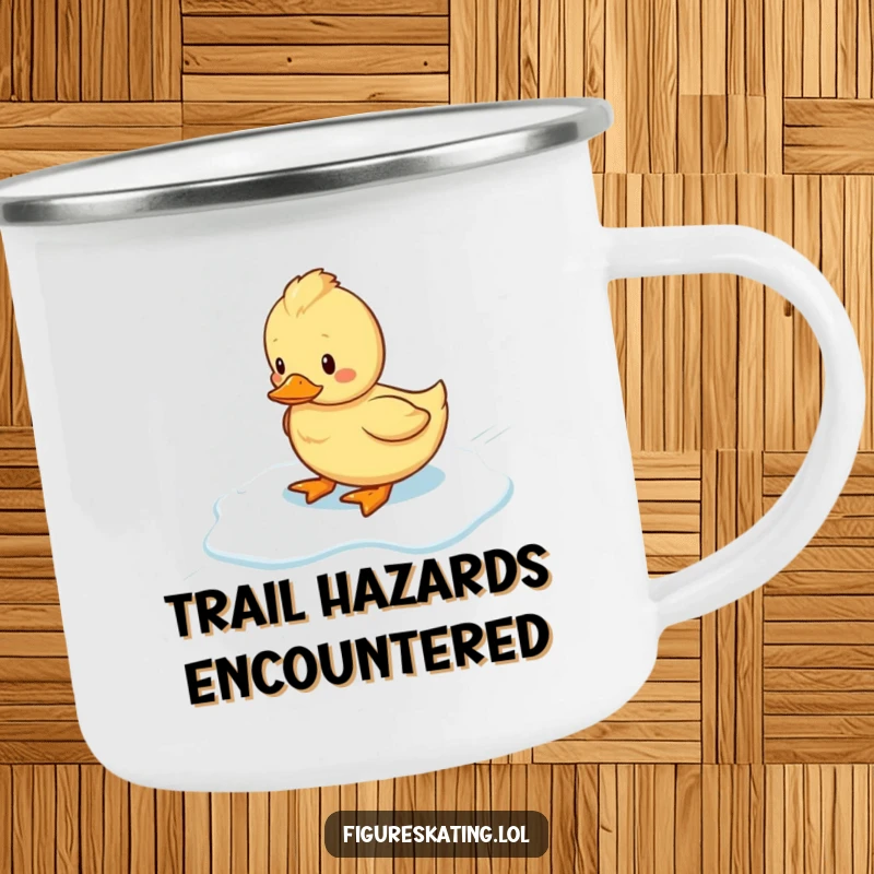 Funny wobbly duckling sliding on ice, printed on a rugged camping mug, ideal for outdoor enjoyment.