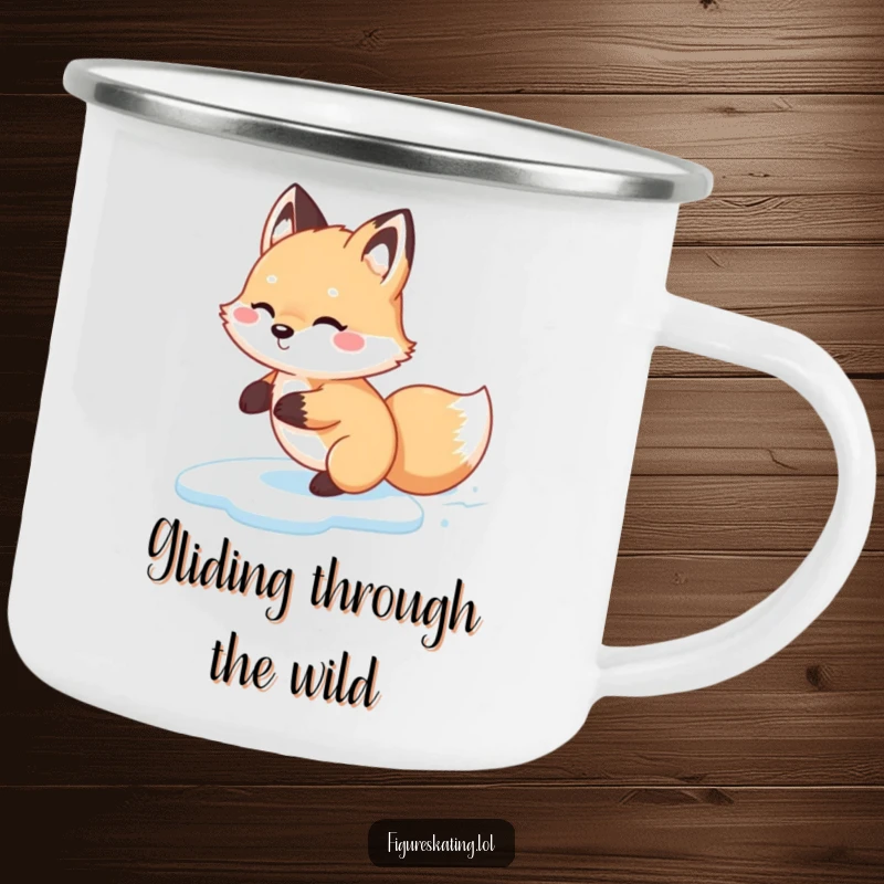 Funny Fox Glide Camping Mug, depicting a fluffy fox happily gliding backwards on ice, perfect for outdoor drinks with winter humor.