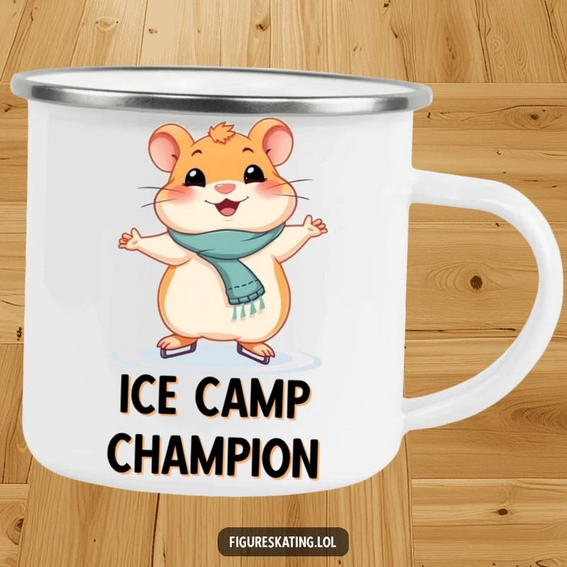 Funny smiling hamster in a graceful ice skating pose on a rugged camping mug, ideal for outdoor enjoyment.